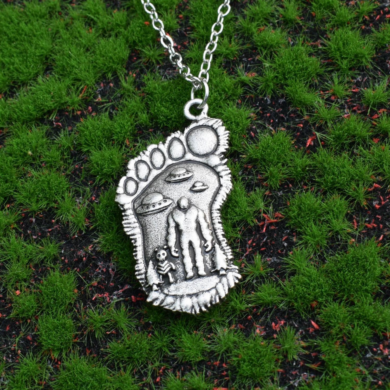 Silver Bigfoot Necklace with Alien Buddy Pendant